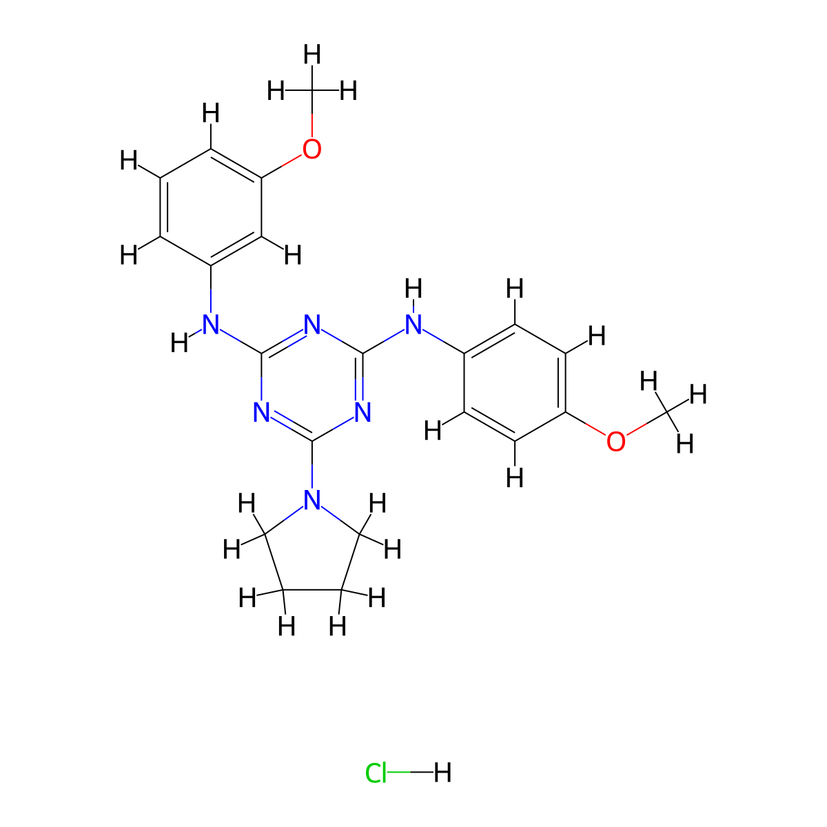 N2-(3-methoxyphenyl)-N4-(4-methoxyphenyl)-6-(pyrrolidin-1-yl)-1,3,5-triazine-2,4-diamine hydrochloride molecular structure, CAS 1215842-82-2