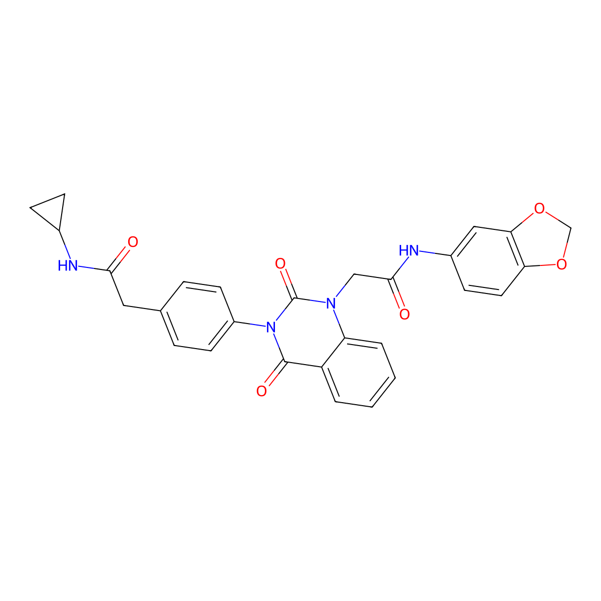 2-{4-[1-[2-(1,3-benzodioxol-5-ylamino)-2-oxoethyl]-2,4-dioxo-1,4-dihydroquinazolin-3(2H)-yl]phenyl}-N-cyclopropylacetamide molecular structure, CAS 1215853-49-8