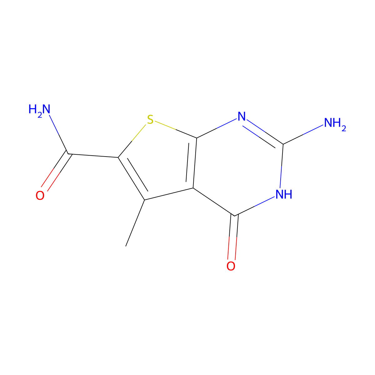 2-amino-5-methyl-4-oxo-3H,4H-thieno[2,3-d]pyrimidine-6-carboxamide molecular structure, CAS 1215957-80-4