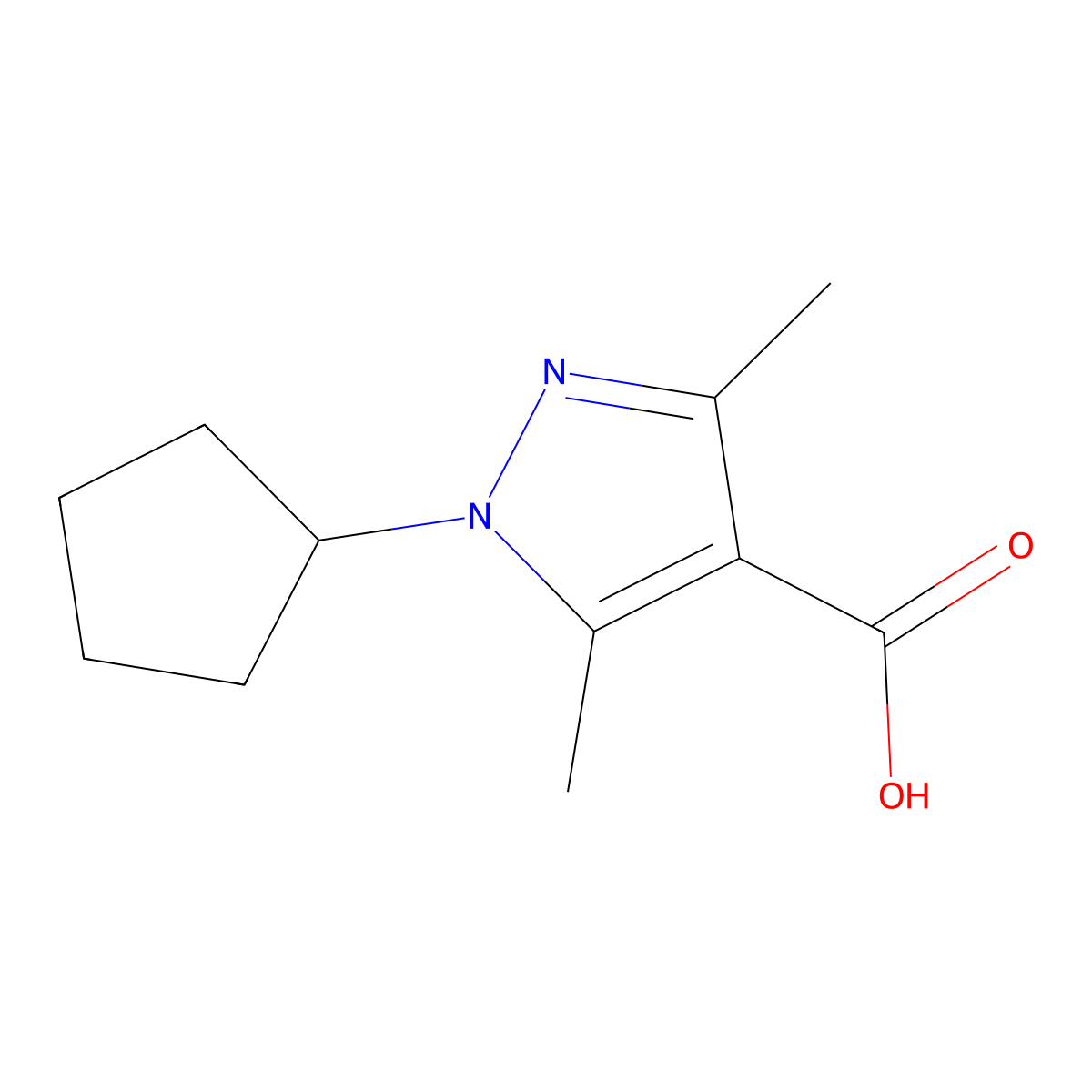 1-cyclopentyl-3,5-dimethyl-1H-pyrazole-4-carboxylic acid molecular structure, CAS 1216040-23-1