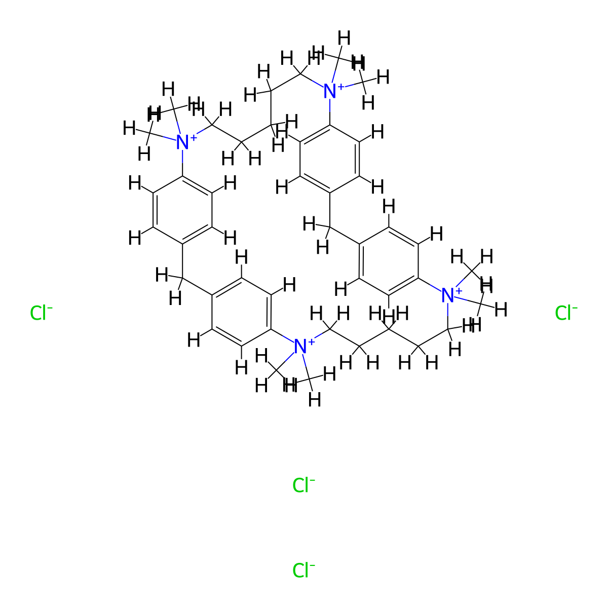 7,7,13,13,23,23,29,29-Octamethyl-7,13,23,29-tetraazoniapentacyclo(28.2.2.23,6.214,17.219,22)tetraconta-3,5,14,16,19,21,30,32,33,35,37,39-dodecaene tetrachloride molecular structure, CAS 121625-31-8