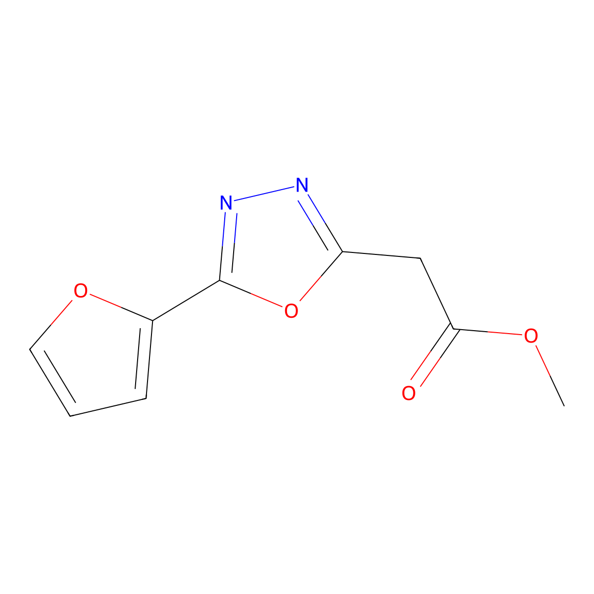 Methyl 2-(5-(furan-2-yl)-1,3,4-oxadiazol-2-yl)acetate molecular structure, CAS 1216269-74-7