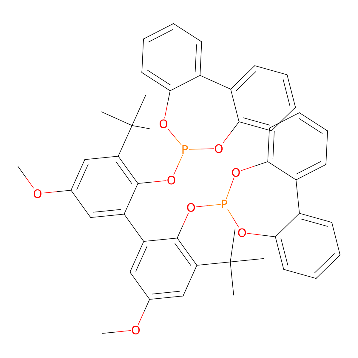 6,6'-((3,3'-Di-tert-butyl-5,5'-dimethoxy-[1,1'-biphenyl]-2,2'-diyl)bis(oxy))didibenzo[d,f][1,3,2]dioxaphosphepine , BiPhePhos molecular structure, CAS 121627-17-6