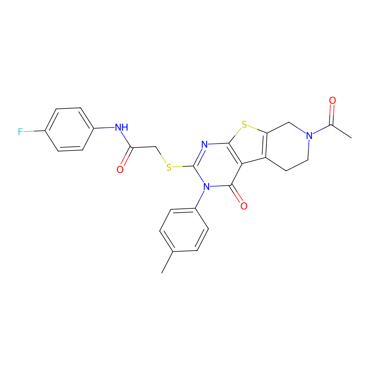 2-{[11-acetyl-4-(4-methylphenyl)-3-oxo-8-thia-4,6,11-triazatricyclo[7.4.0.0^{2,7}]trideca-1(9),2(7),5-trien-5-yl]sulfanyl}-N-(4-fluorophenyl)acetamide molecular structure, CAS 1216377-62-6