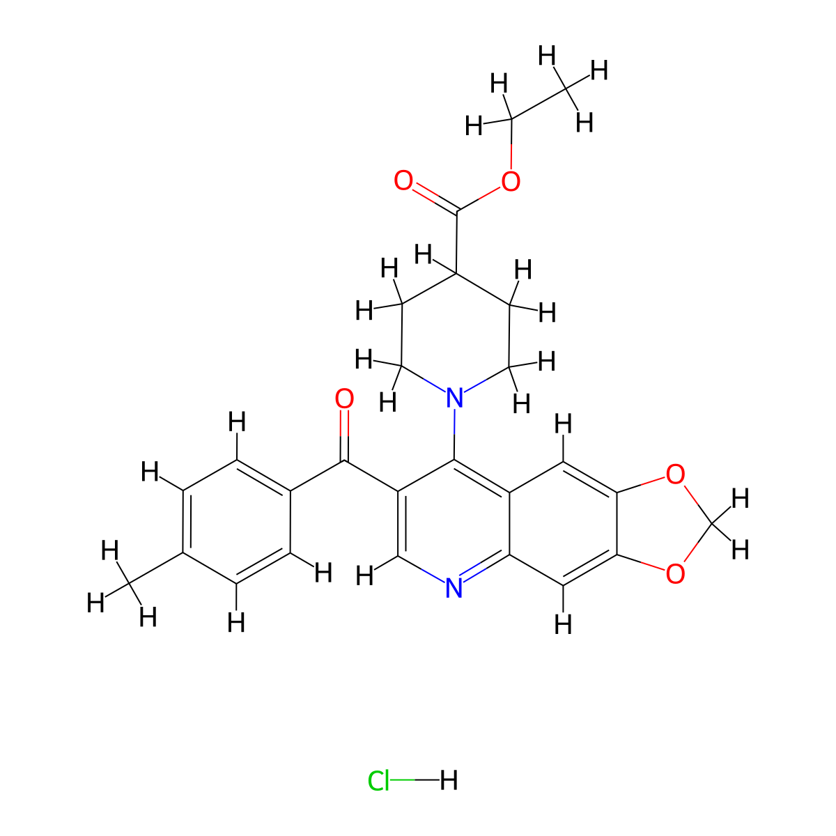 ethyl 1-[7-(4-methylbenzoyl)-2H-[1,3]dioxolo[4,5-g]quinolin-8-yl]piperidine-4-carboxylate hydrochloride molecular structure, CAS 1216378-45-8
