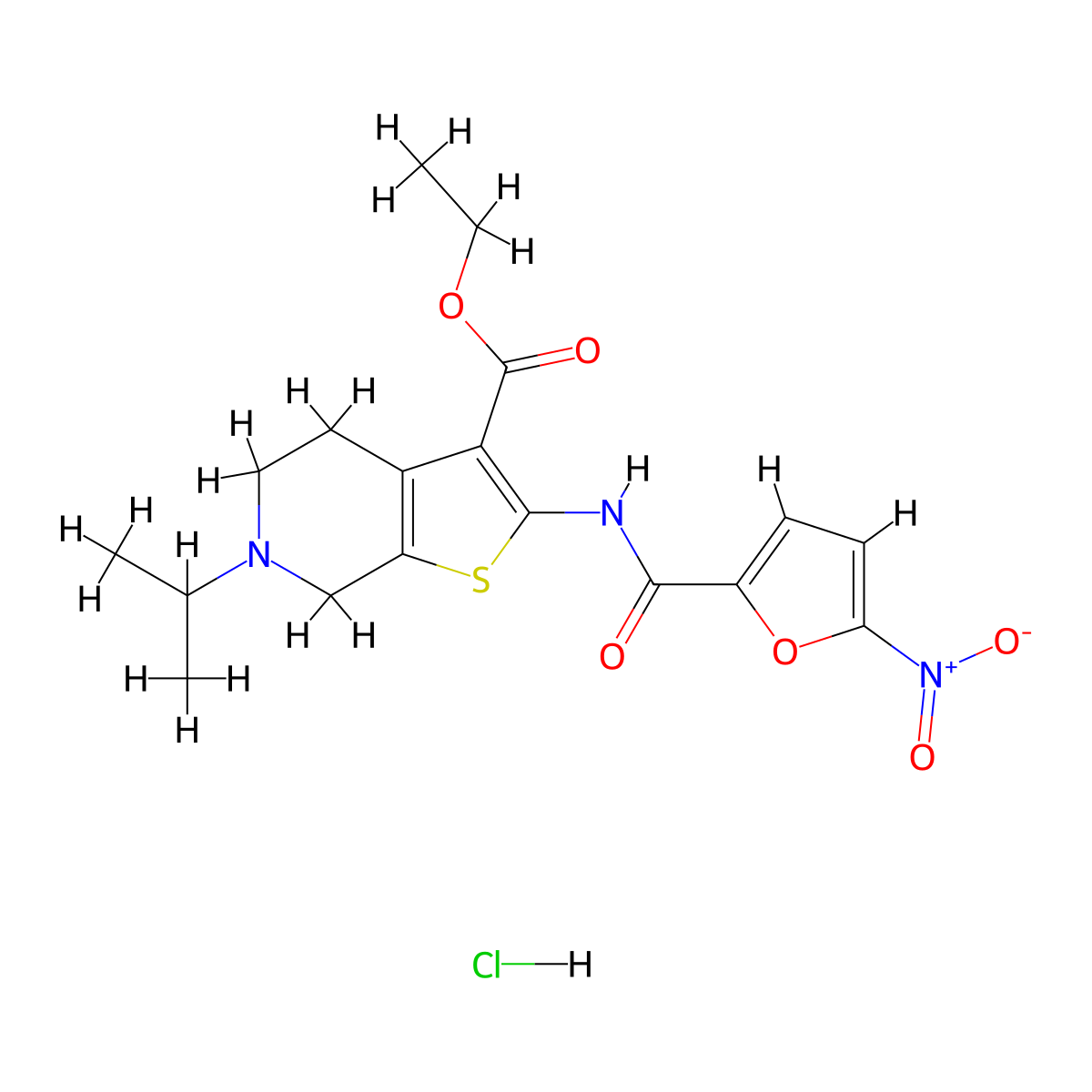 Ethyl 6-isopropyl-2-(5-nitrofuran-2-carboxamido)-4,5,6,7-tetrahydrothieno[2,3-c]pyridine-3-carboxylate hydrochloride molecular structure, CAS 1216378-48-1