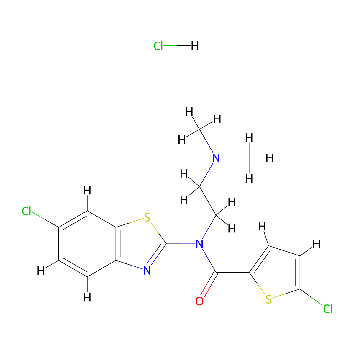5-chloro-N-(6-chlorobenzo[d]thiazol-2-yl)-N-(2-(dimethylamino)ethyl)thiophene-2-carboxamide hydrochloride molecular structure, CAS 1216385-13-5