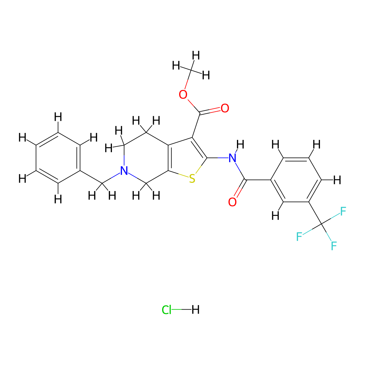 Methyl 6-benzyl-2-(3-(trifluoromethyl)benzamido)-4,5,6,7-tetrahydrothieno[2,3-c]pyridine-3-carboxylate hydrochloride molecular structure, CAS 1216385-54-4