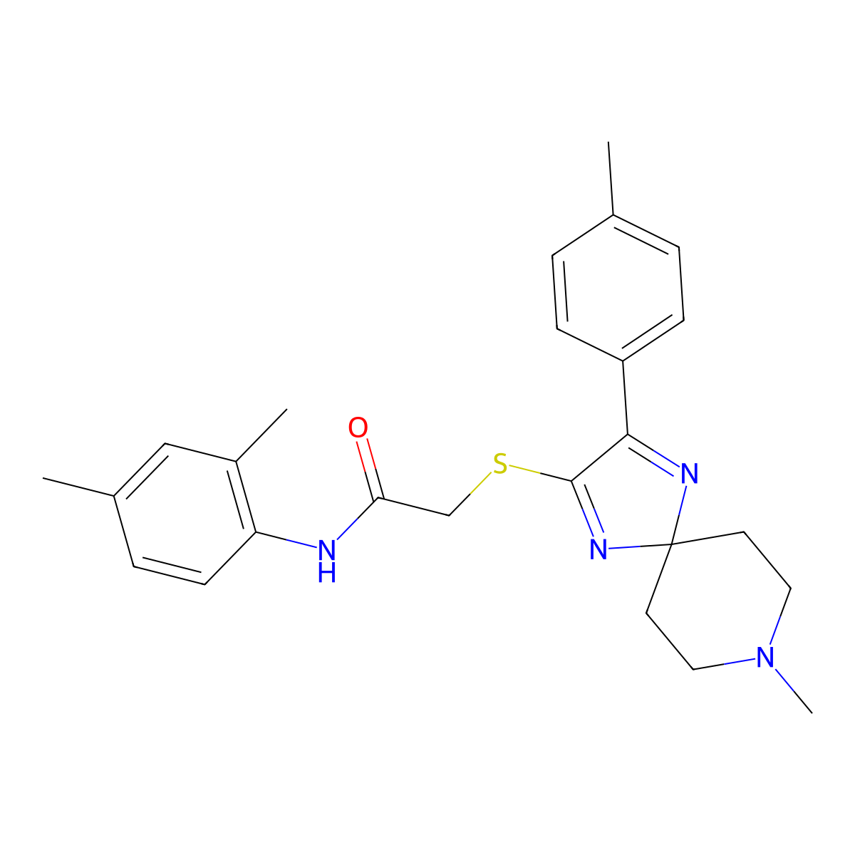 N-(2,4-dimethylphenyl)-2-((8-methyl-3-(p-tolyl)-1,4,8-triazaspiro[4.5]deca-1,3-dien-2-yl)thio)acetamide molecular structure, CAS 1216390-02-1