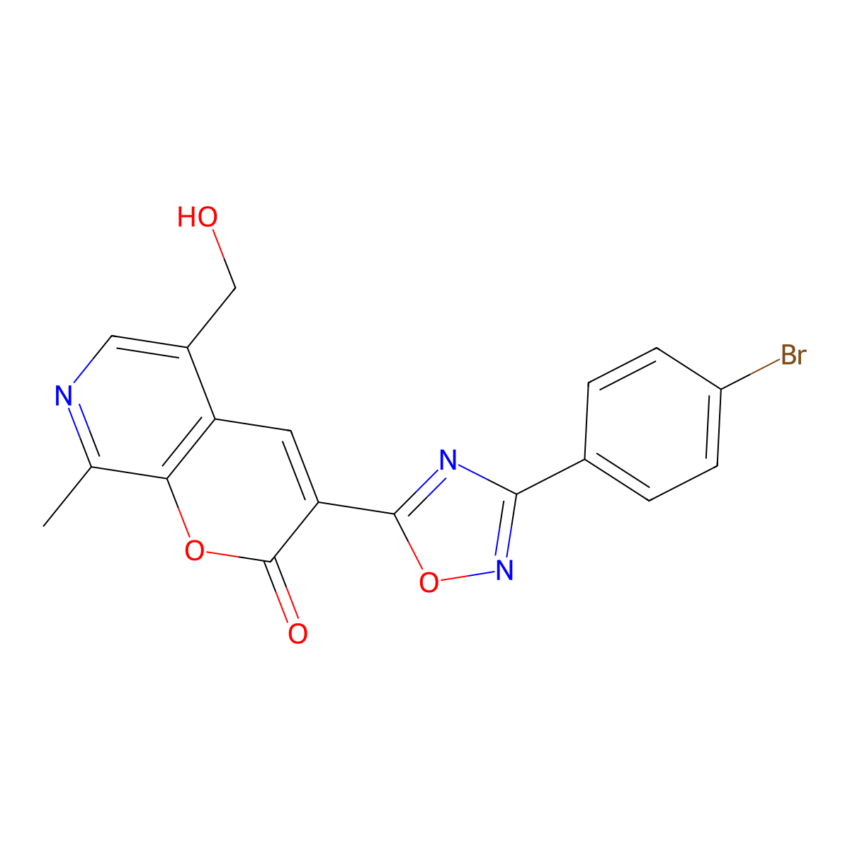 3-[3-(4-bromophenyl)-1,2,4-oxadiazol-5-yl]-5-(hydroxymethyl)-8-methyl-2H-pyrano[2,3-c]pyridin-2-one molecular structure, CAS 1216394-30-7