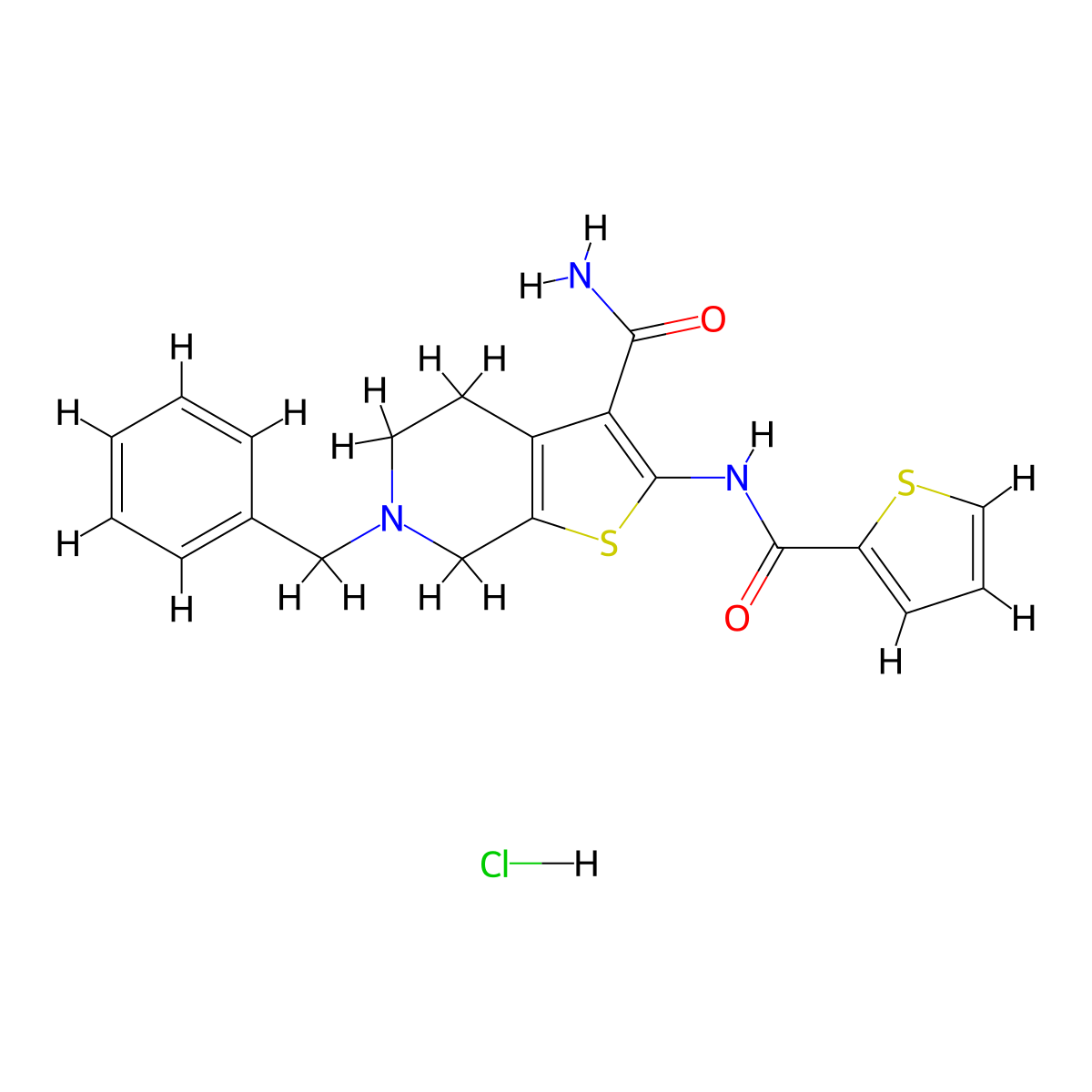6-Benzyl-2-(thiophene-2-carboxamido)-4,5,6,7-tetrahydrothieno[2,3-c]pyridine-3-carboxamide hydrochloride molecular structure, CAS 1216394-53-4