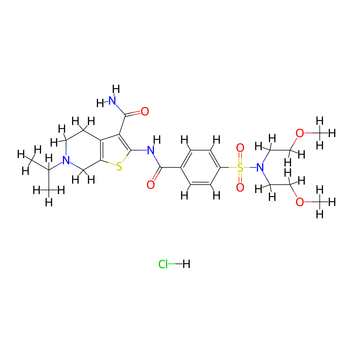 2-(4-(N,N-bis(2-methoxyethyl)sulfamoyl)benzamido)-6-isopropyl-4,5,6,7-tetrahydrothieno[2,3-c]pyridine-3-carboxamide hydrochloride molecular structure, CAS 1216394-60-3
