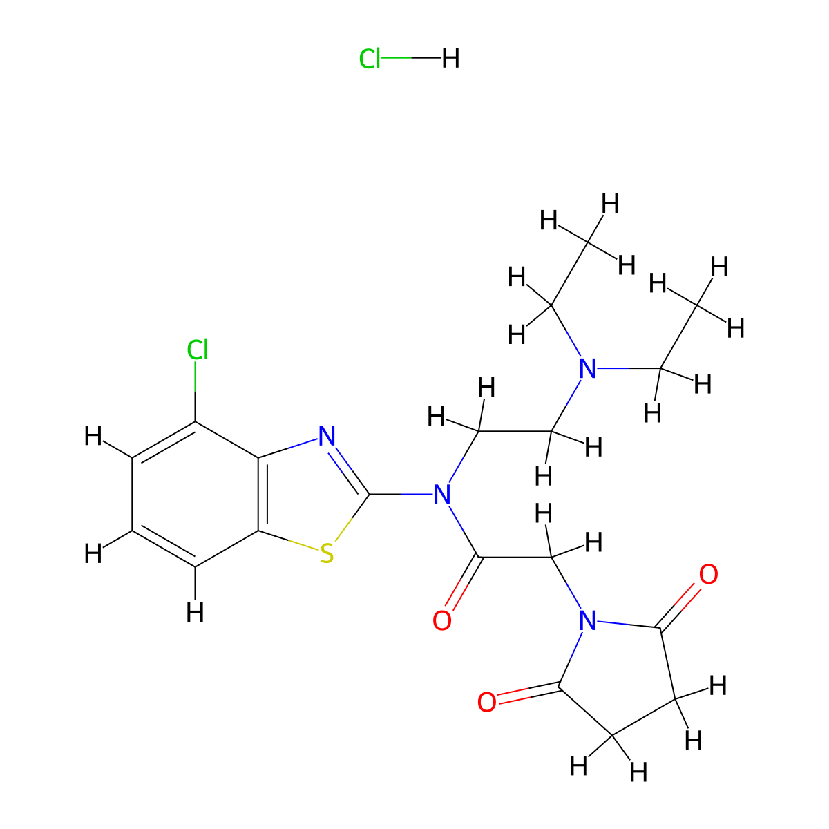 N-(4-chlorobenzo[d]thiazol-2-yl)-N-(2-(diethylamino)ethyl)-2-(2,5-dioxopyrrolidin-1-yl)acetamide hydrochloride molecular structure, CAS 1216396-08-5