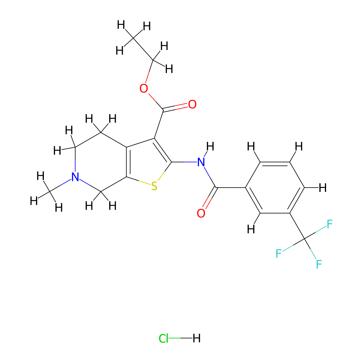 Ethyl 6-methyl-2-(3-(trifluoromethyl)benzamido)-4,5,6,7-tetrahydrothieno[2,3-c]pyridine-3-carboxylate hydrochloride molecular structure, CAS 1216397-02-2