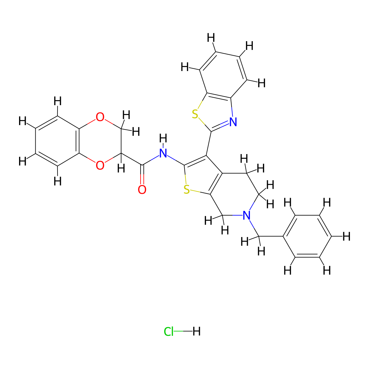 N-(3-(benzo[d]thiazol-2-yl)-6-benzyl-4,5,6,7-tetrahydrothieno[2,3-c]pyridin-2-yl)-2,3-dihydrobenzo[b][1,4]dioxine-2-carboxamide hydrochloride molecular structure, CAS 1216398-52-5