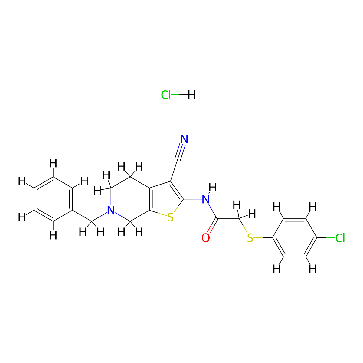 N-(6-benzyl-3-cyano-4,5,6,7-tetrahydrothieno[2,3-c]pyridin-2-yl)-2-((4-chlorophenyl)thio)acetamide hydrochloride molecular structure, CAS 1216405-00-3