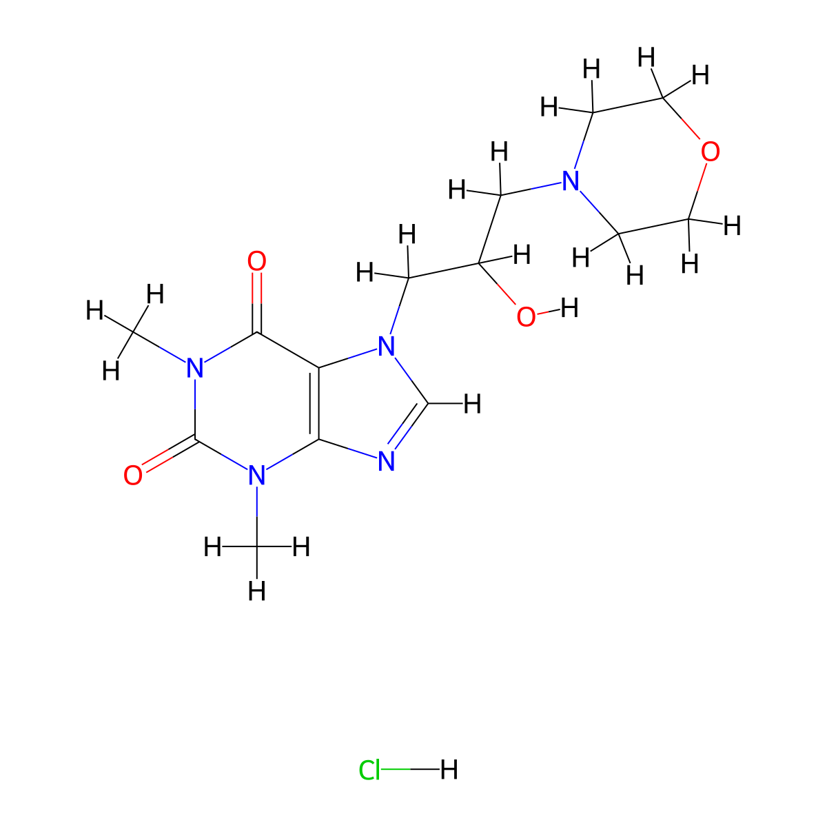 7-(2-hydroxy-3-morpholinopropyl)-1,3-dimethyl-1H-purine-2,6(3H,7H)-dione hydrochloride molecular structure, CAS 1216407-33-8