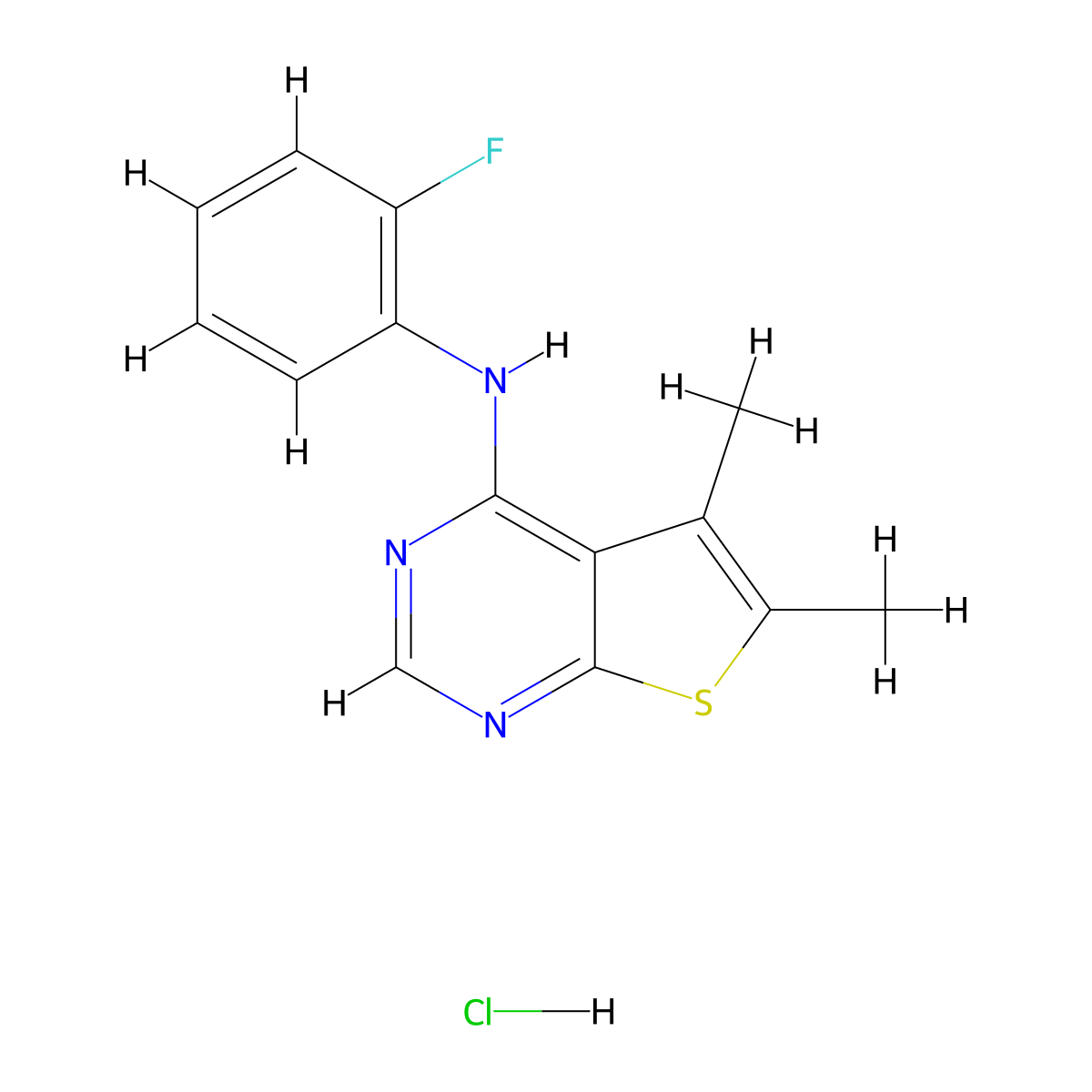 N-(2-fluorophenyl)-5,6-dimethylthieno[2,3-d]pyrimidin-4-amine hydrochloride molecular structure, CAS 1216412-66-6
