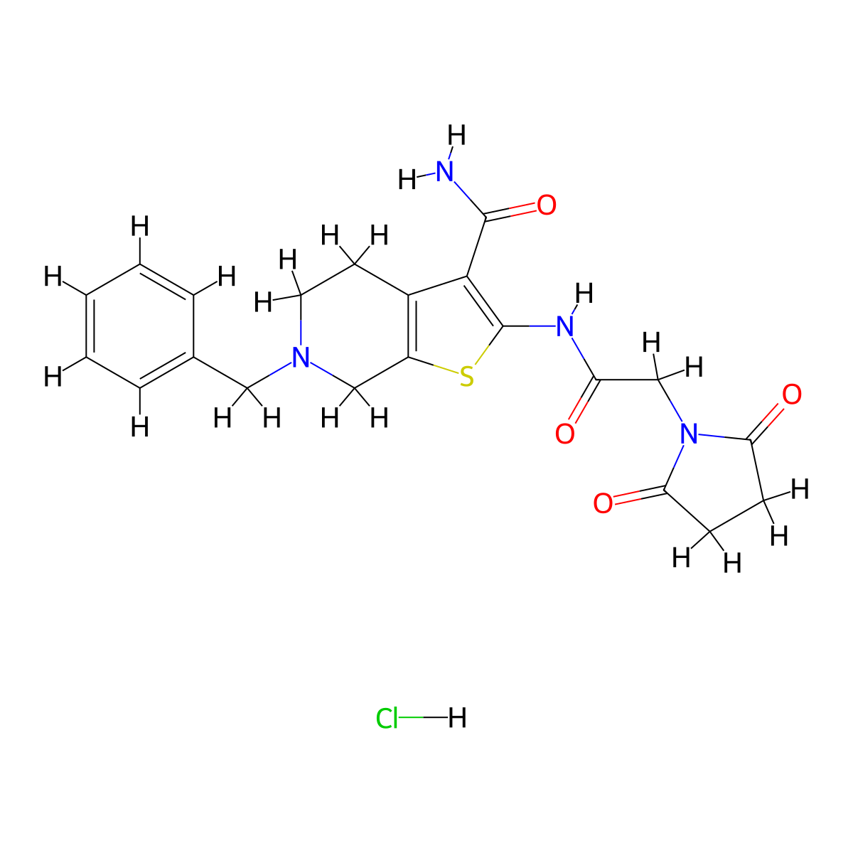 6-Benzyl-2-(2-(2,5-dioxopyrrolidin-1-yl)acetamido)-4,5,6,7-tetrahydrothieno[2,3-c]pyridine-3-carboxamide hydrochloride molecular structure, CAS 1216415-08-5