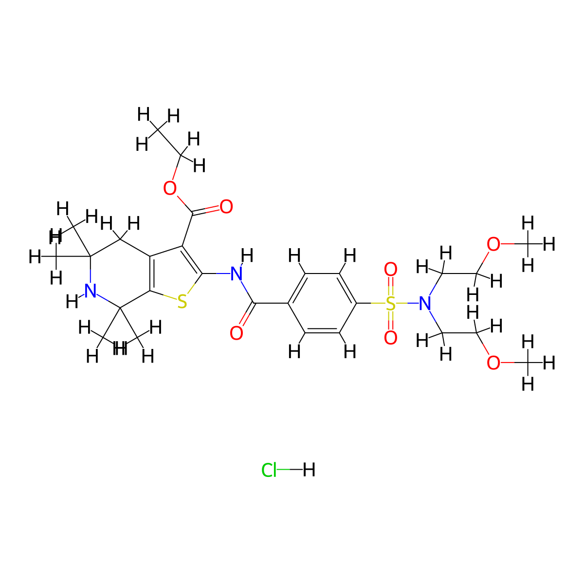 ethyl 2-(4-(N,N-bis(2-methoxyethyl)sulfamoyl)benzamido)-5,5,7,7-tetramethyl-4,5,6,7-tetrahydrothieno[2,3-c]pyridine-3-carboxylate hydrochloride molecular structure, CAS 1216419-32-7