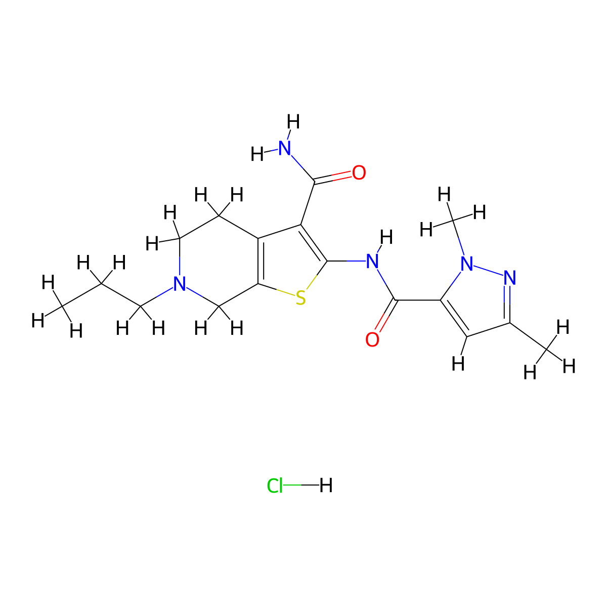 N-{3-carbamoyl-6-propyl-4H,5H,6H,7H-thieno[2,3-c]pyridin-2-yl}-1,3-dimethyl-1H-pyrazole-5-carboxamide hydrochloride molecular structure, CAS 1216422-54-6