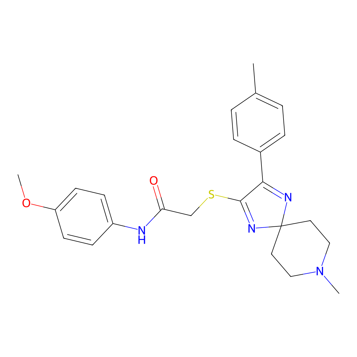 N-(4-methoxyphenyl)-2-((8-methyl-3-(p-tolyl)-1,4,8-triazaspiro[4.5]deca-1,3-dien-2-yl)thio)acetamide molecular structure, CAS 1216428-17-9