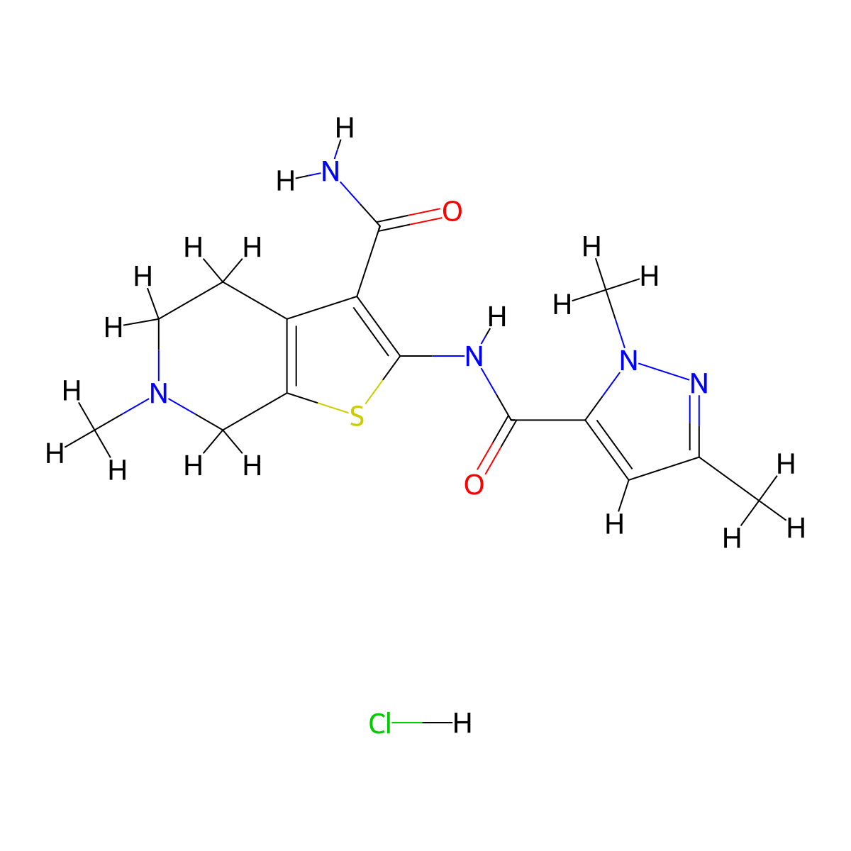2-(1,3-dimethyl-1H-pyrazole-5-carboxamido)-6-methyl-4,5,6,7-tetrahydrothieno[2,3-c]pyridine-3-carboxamide hydrochloride molecular structure, CAS 1216429-77-4