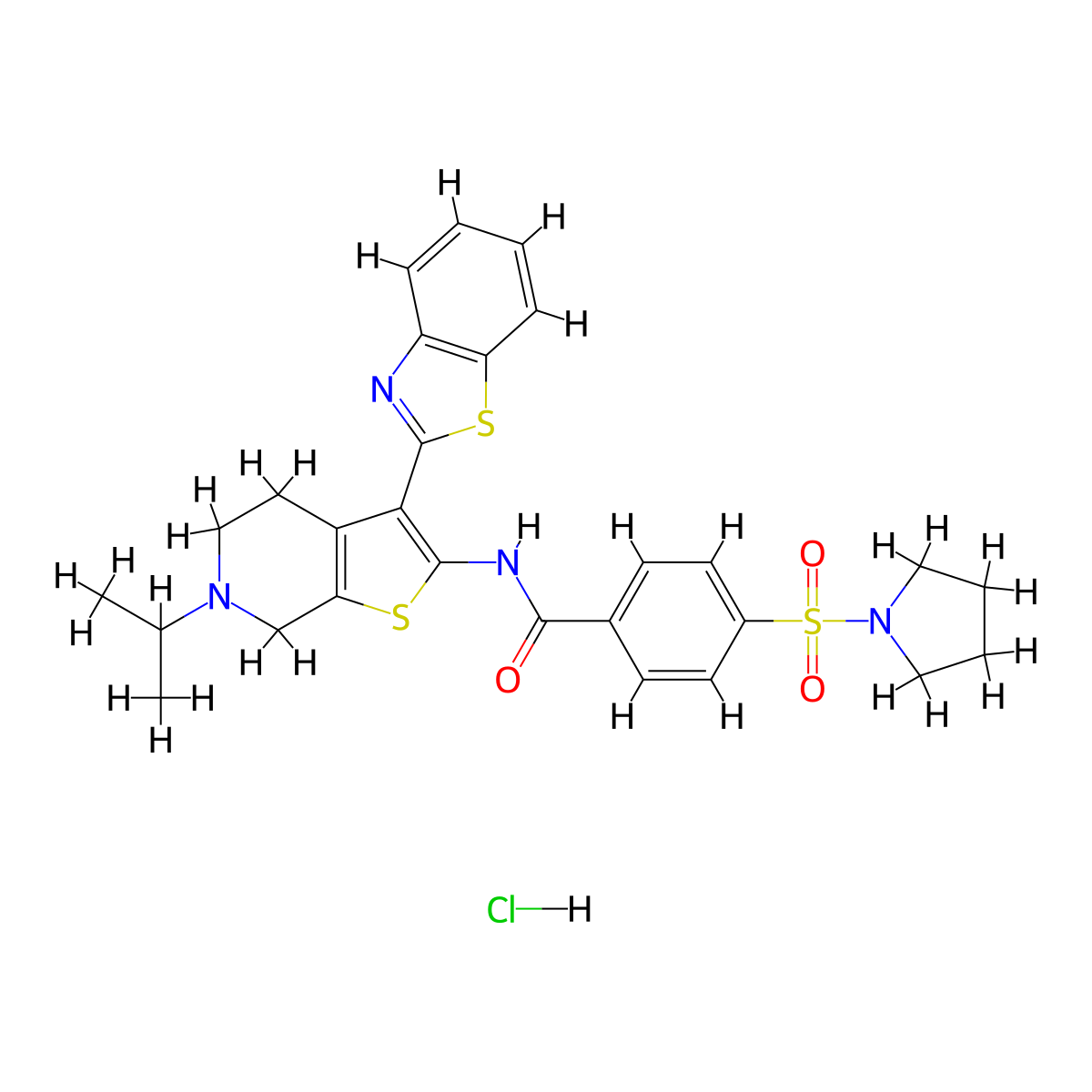 N-(3-(benzo[d]thiazol-2-yl)-6-isopropyl-4,5,6,7-tetrahydrothieno[2,3-c]pyridin-2-yl)-4-(pyrrolidin-1-ylsulfonyl)benzamide hydrochloride molecular structure, CAS 1216435-06-1