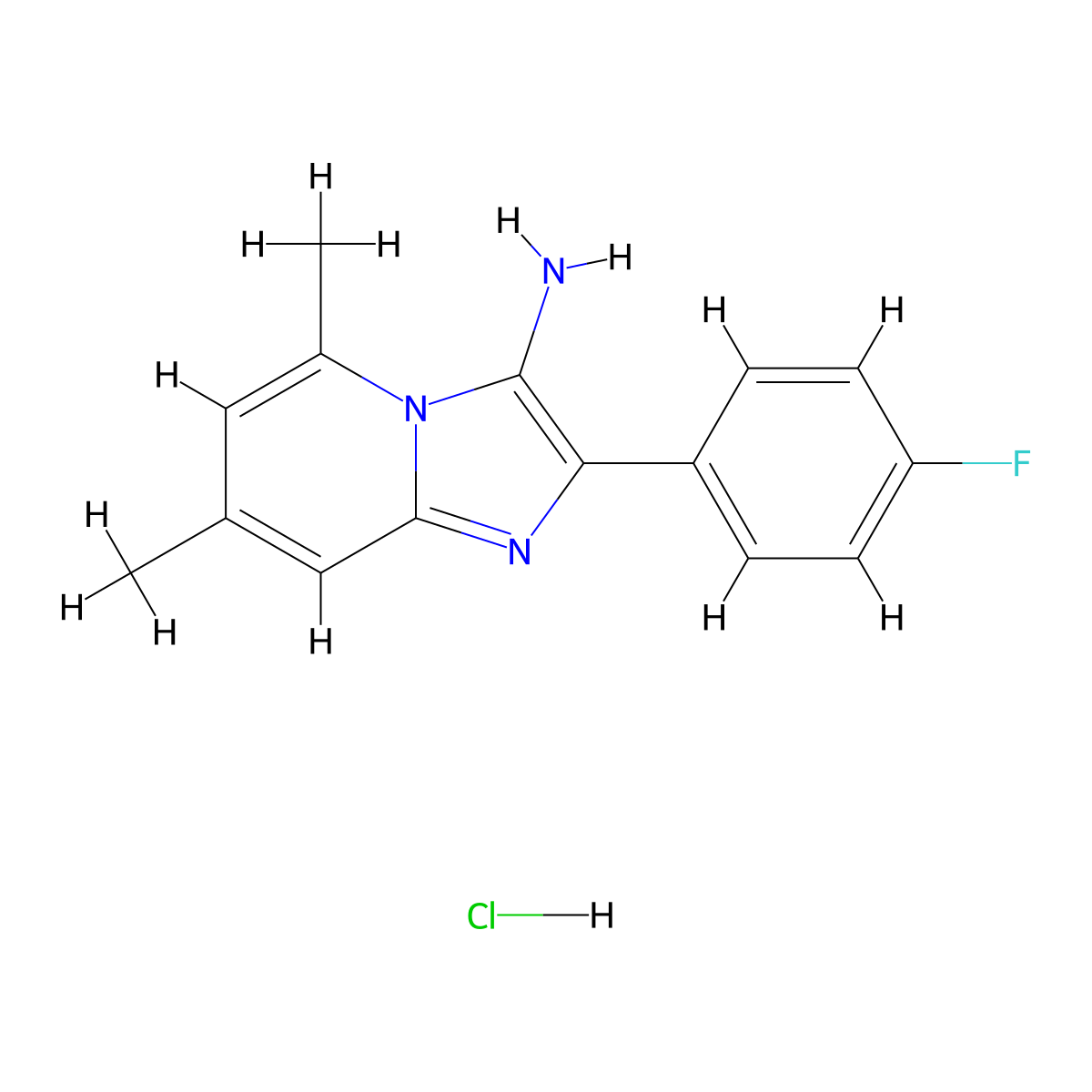 2-(4-Fluorophenyl)-5,7-dimethylimidazo[1,2-{a}]pyridin-3-amine molecular structure, CAS 1216437-50-1
