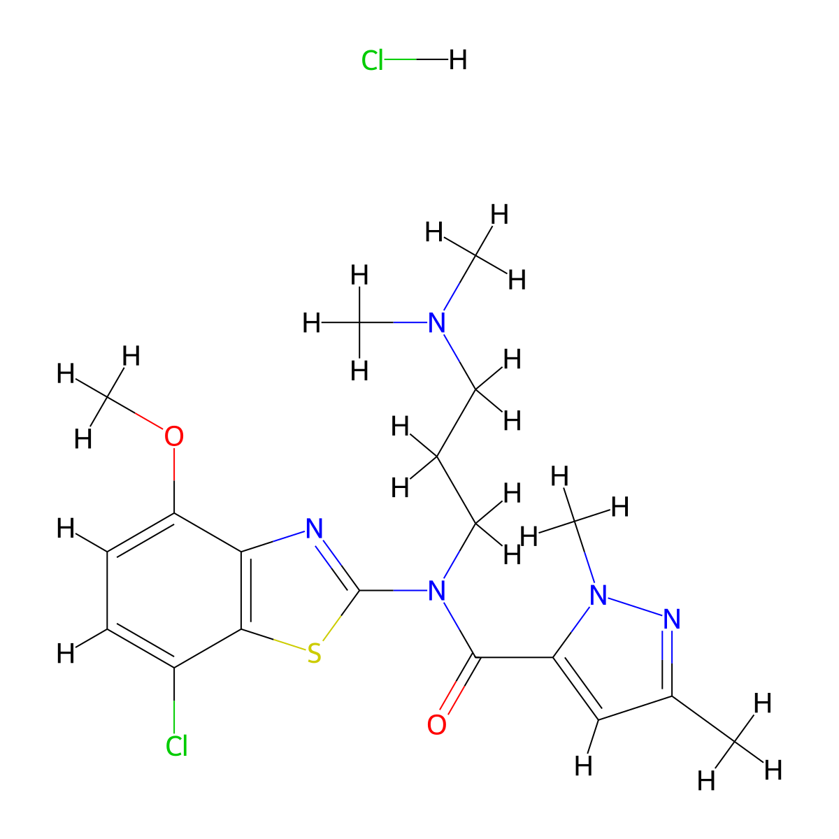 N-(7-chloro-4-methoxybenzo[d]thiazol-2-yl)-N-(3-(dimethylamino)propyl)-1,3-dimethyl-1H-pyrazole-5-carboxamide hydrochloride molecular structure, CAS 1216438-98-0