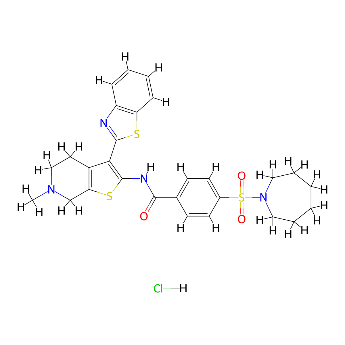 4-(azepan-1-ylsulfonyl)-N-(3-(benzo[d]thiazol-2-yl)-6-methyl-4,5,6,7-tetrahydrothieno[2,3-c]pyridin-2-yl)benzamide hydrochloride molecular structure, CAS 1216439-38-1