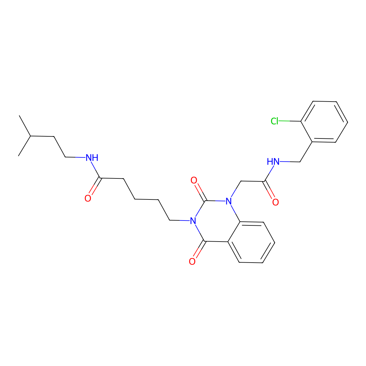 5-(1-(2-((2-chlorobenzyl)amino)-2-oxoethyl)-2,4-dioxo-1,2-dihydroquinazolin-3(4H)-yl)-N-isopentylpentanamide molecular structure, CAS 1216440-02-6