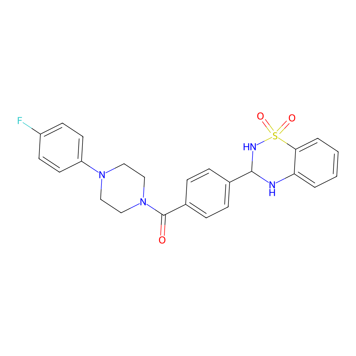 (4-(1,1-dioxido-3,4-dihydro-2H-benzo[e][1,2,4]thiadiazin-3-yl)phenyl)(4-(4-fluorophenyl)piperazin-1-yl)methanone molecular structure, CAS 1216440-89-9