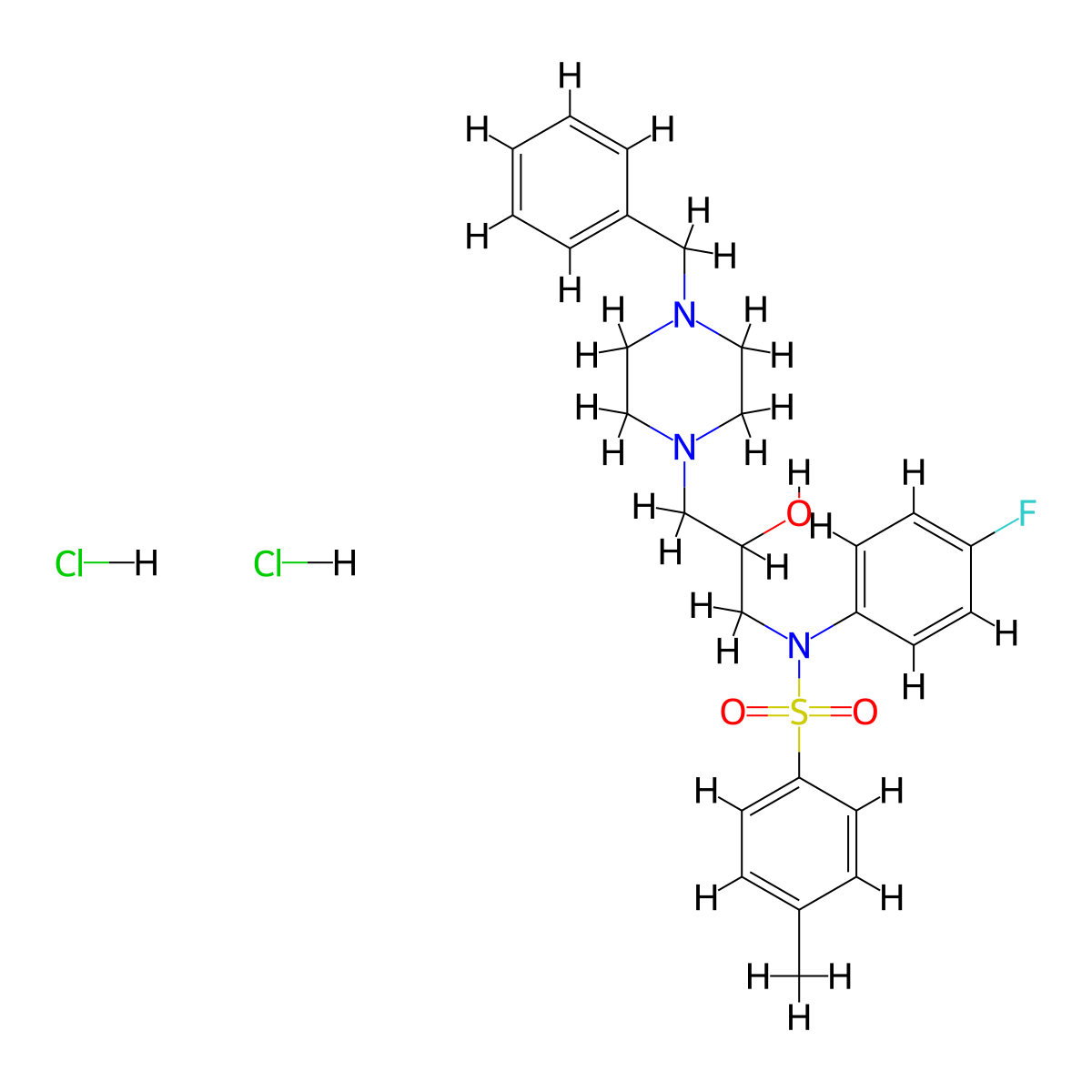 N-(3-(4-benzylpiperazin-1-yl)-2-hydroxypropyl)-N-(4-fluorophenyl)-4-methylbenzenesulfonamide dihydrochloride molecular structure, CAS 1216446-36-4