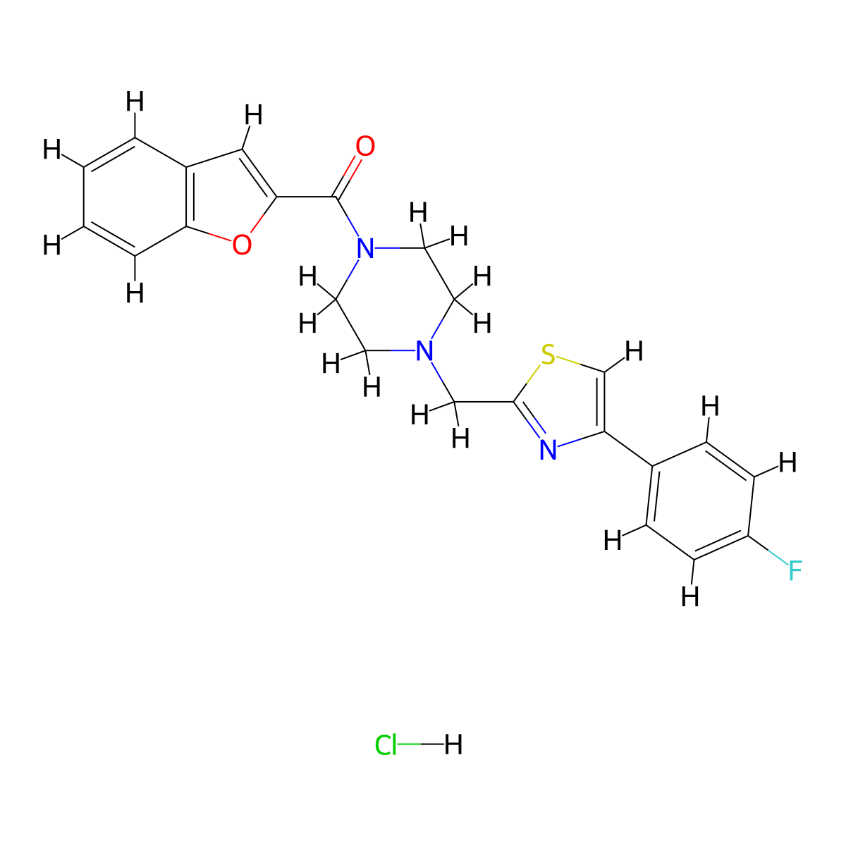 Benzofuran-2-yl(4-((4-(4-fluorophenyl)thiazol-2-yl)methyl)piperazin-1-yl)methanone hydrochloride molecular structure, CAS 1216450-02-0