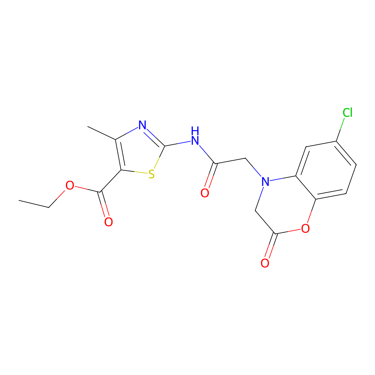 ethyl 2-{[(6-chloro-2-oxo-2,3-dihydro-4H-1,4-benzoxazin-4-yl)acetyl]amino}-4-methyl-1,3-thiazole-5-carboxylate molecular structure, CAS 1216454-57-7