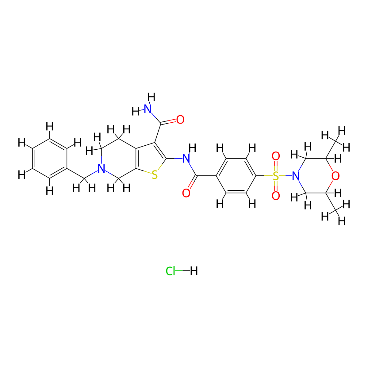6-Benzyl-2-(4-((2,6-dimethylmorpholino)sulfonyl)benzamido)-4,5,6,7-tetrahydrothieno[2,3-c]pyridine-3-carboxamide hydrochloride molecular structure, CAS 1216455-51-4