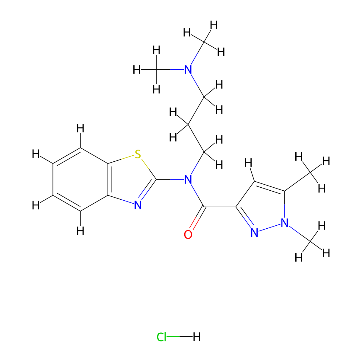 N-(1,3-benzothiazol-2-yl)-N-[3-(dimethylamino)propyl]-1,5-dimethyl-1H-pyrazole-3-carboxamide hydrochloride molecular structure, CAS 1216466-53-3