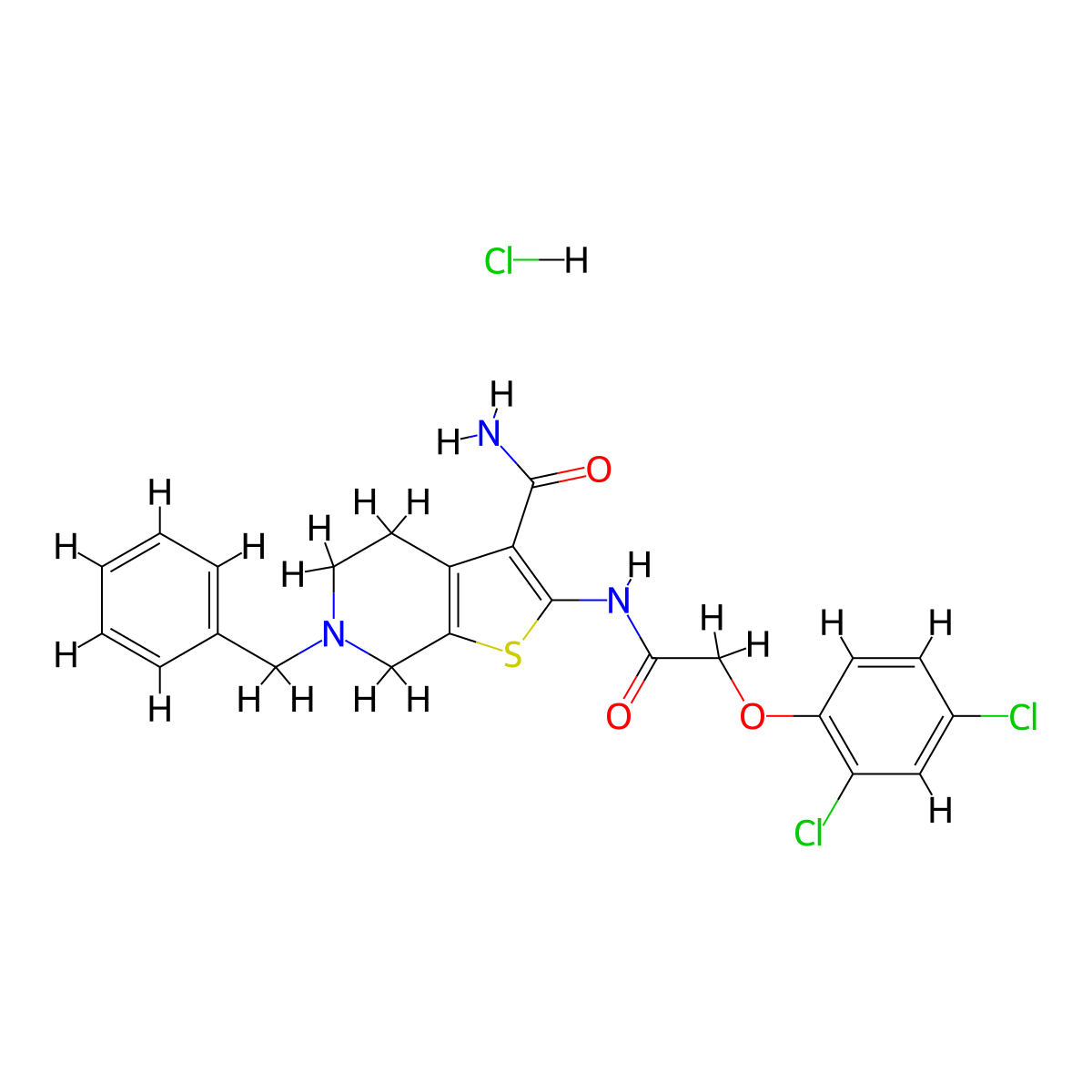 6-Benzyl-2-(2-(2,4-dichlorophenoxy)acetamido)-4,5,6,7-tetrahydrothieno[2,3-c]pyridine-3-carboxamide hydrochloride molecular structure, CAS 1216469-52-1