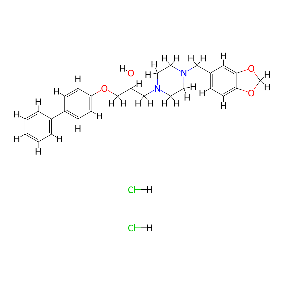 1-([1,1'-Biphenyl]-4-yloxy)-3-(4-(benzo[d][1,3]dioxol-5-ylmethyl)piperazin-1-yl)propan-2-ol dihydrochloride molecular structure, CAS 1216470-05-1