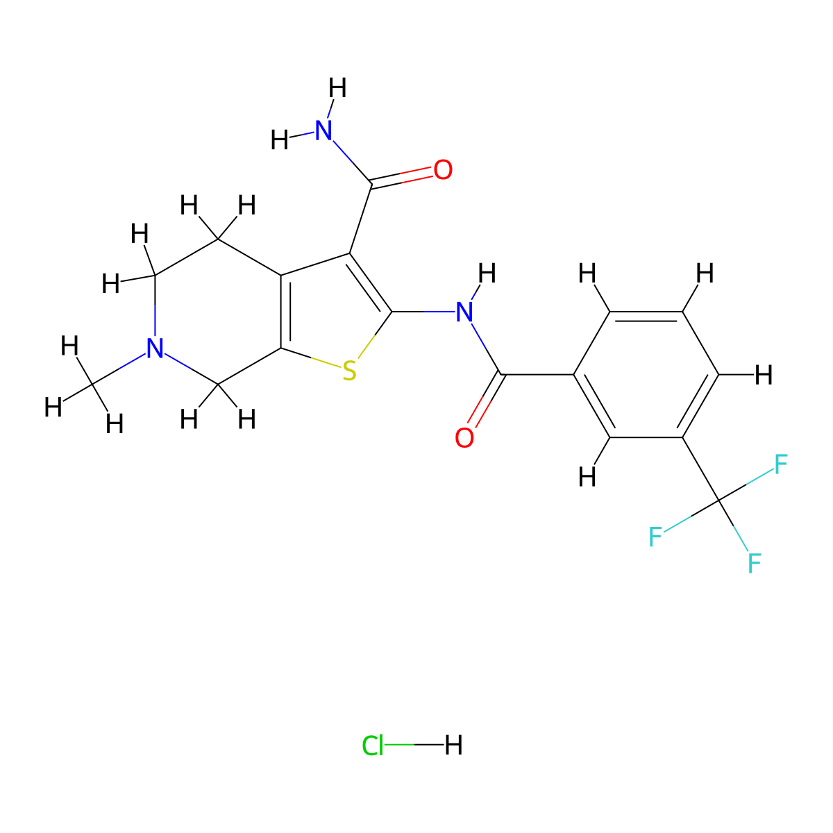6-Methyl-2-(3-(trifluoromethyl)benzamido)-4,5,6,7-tetrahydrothieno[2,3-c]pyridine-3-carboxamide hydrochloride molecular structure, CAS 1216476-27-5
