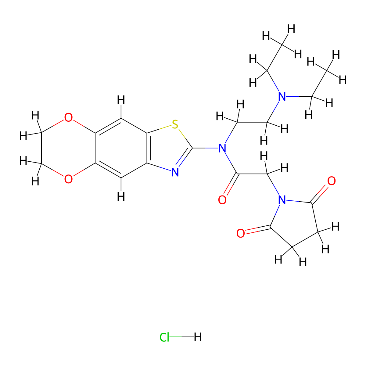 N-[2-(diethylamino)ethyl]-N-{10,13-dioxa-4-thia-6-azatricyclo[7.4.0.0^{3,7}]trideca-1,3(7),5,8-tetraen-5-yl}-2-(2,5-dioxopyrrolidin-1-yl)acetamide hydrochloride molecular structure, CAS 1216476-32-2
