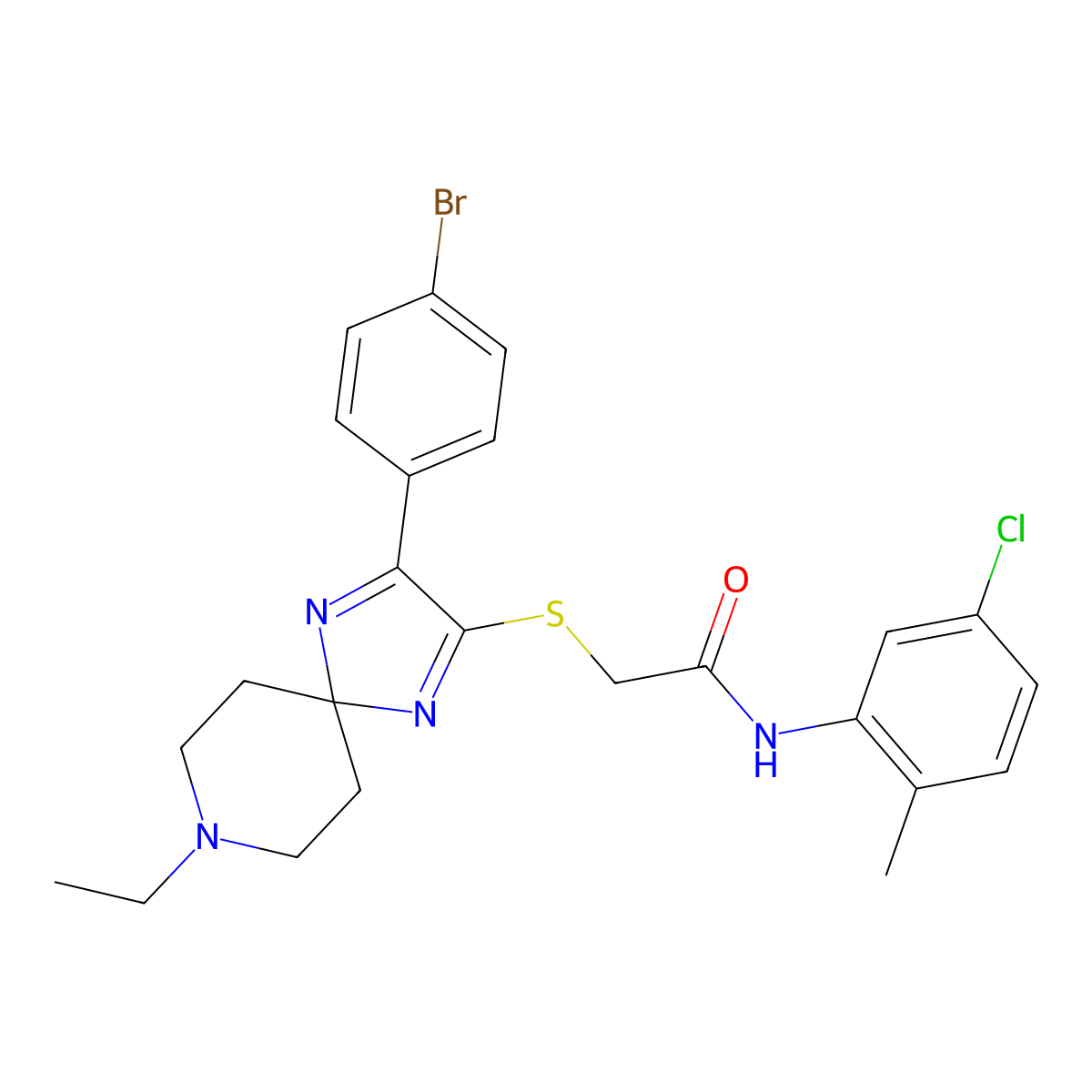 2-((3-(4-bromophenyl)-8-ethyl-1,4,8-triazaspiro[4.5]deca-1,3-dien-2-yl)thio)-N-(5-chloro-2-methylphenyl)acetamide molecular structure, CAS 1216480-82-8