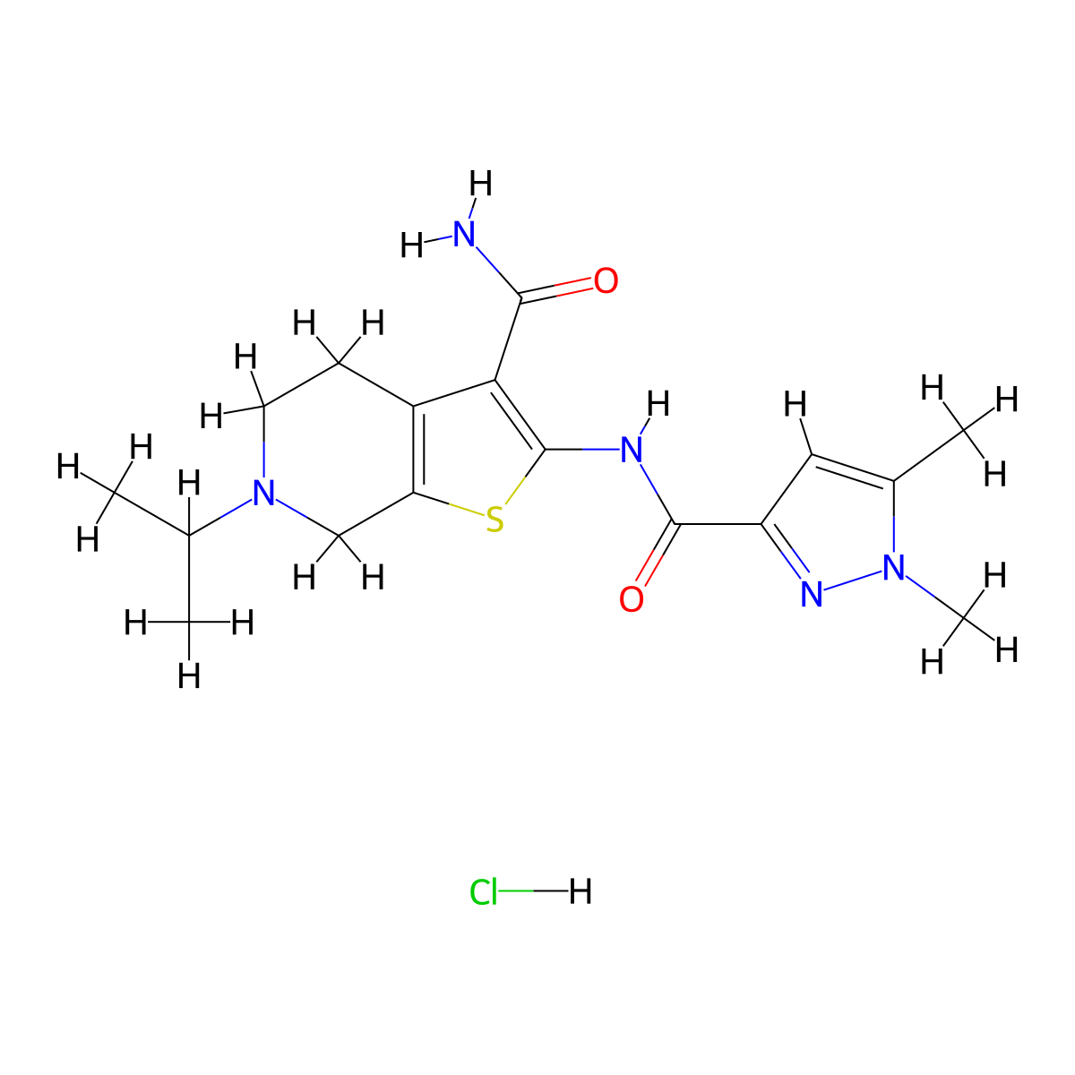 2-(1,5-dimethyl-1H-pyrazole-3-carboxamido)-6-isopropyl-4,5,6,7-tetrahydrothieno[2,3-c]pyridine-3-carboxamide hydrochloride molecular structure, CAS 1216481-24-1
