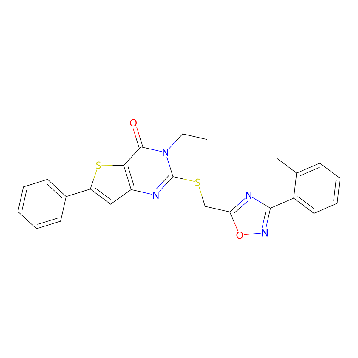 3-ethyl-2-({[3-(2-methylphenyl)-1,2,4-oxadiazol-5-yl]methyl}sulfanyl)-6-phenyl-3H,4H-thieno[3,2-d]pyrimidin-4-one molecular structure, CAS 1216492-44-2