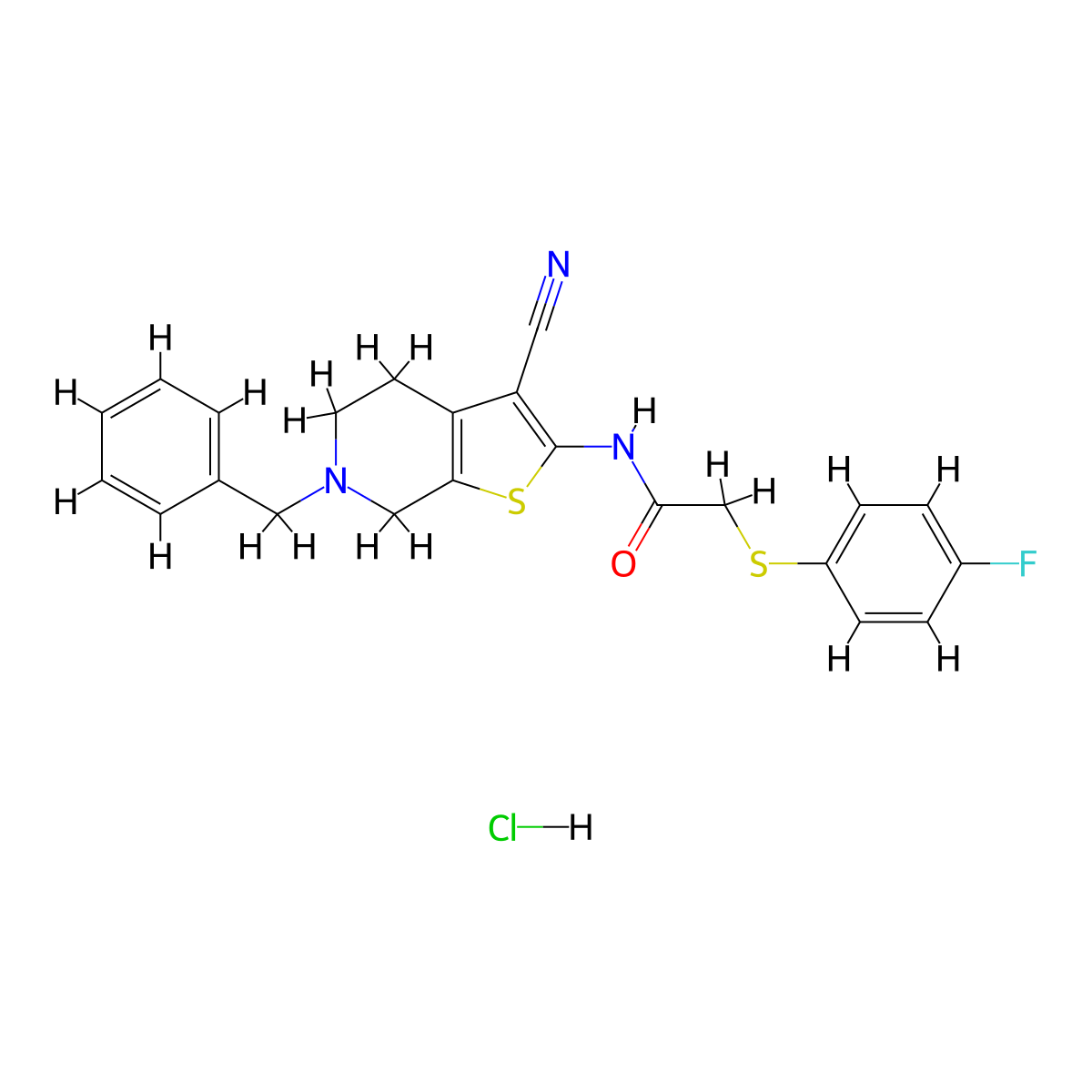 N-(6-benzyl-3-cyano-4,5,6,7-tetrahydrothieno[2,3-c]pyridin-2-yl)-2-((4-fluorophenyl)thio)acetamide hydrochloride molecular structure, CAS 1216495-11-2