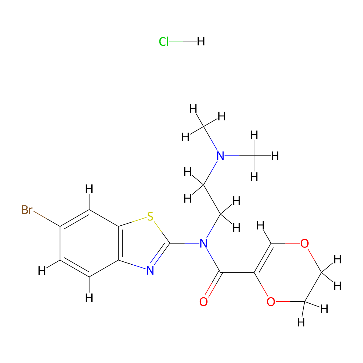 N-(6-bromobenzo[d]thiazol-2-yl)-N-(2-(dimethylamino)ethyl)-5,6-dihydro-1,4-dioxine-2-carboxamide hydrochloride molecular structure, CAS 1216495-26-9