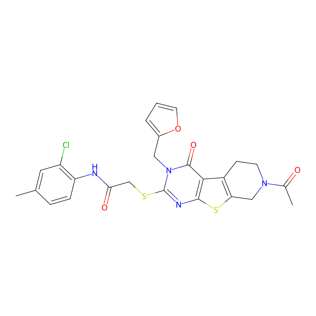 2-((7-acetyl-3-(furan-2-ylmethyl)-4-oxo-3,4,5,6,7,8-hexahydropyrido[4',3':4,5]thieno[2,3-d]pyrimidin-2-yl)thio)-N-(2-chloro-4-methylphenyl)acetamide molecular structure, CAS 1216501-63-1