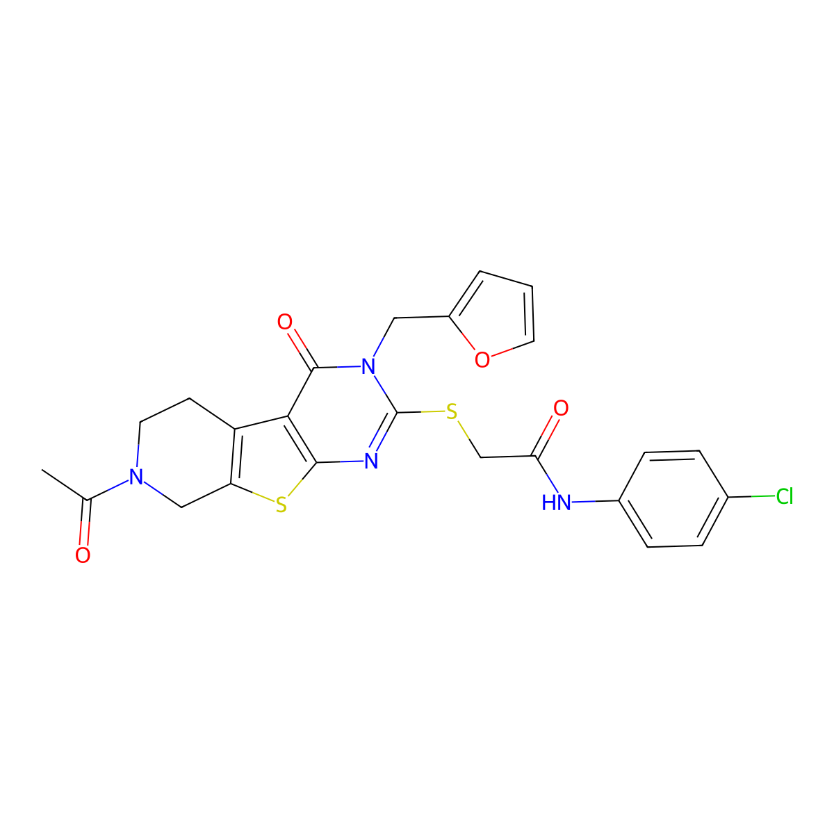 2-((7-acetyl-3-(furan-2-ylmethyl)-4-oxo-3,4,5,6,7,8-hexahydropyrido[4',3':4,5]thieno[2,3-d]pyrimidin-2-yl)thio)-N-(4-chlorophenyl)acetamide molecular structure, CAS 1216506-86-3
