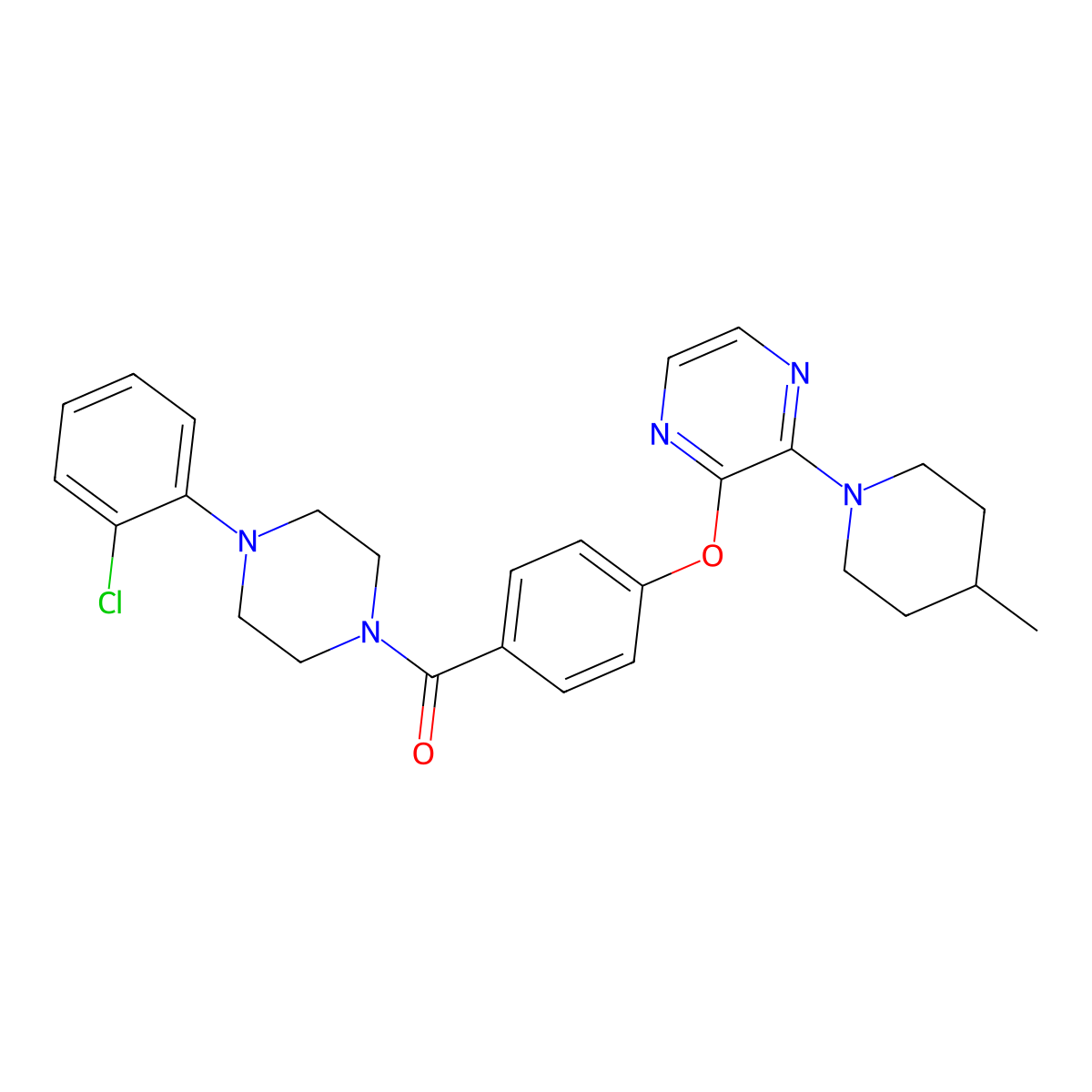 2-{4-[4-(2-Chlorophenyl)piperazine-1-carbonyl]phenoxy}-3-(4-methylpiperidin-1-yl)pyrazine molecular structure, CAS 1216507-18-4
